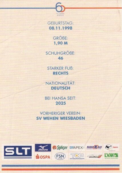 Autogramm Fussball | Hansa Rostock | 2025 | Florian CARSTENS