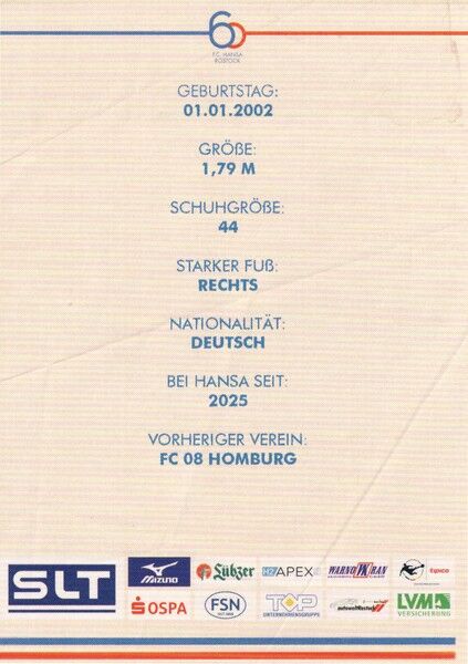 Autogramm Fussball | Hansa Rostock | 2025 | David HUMMEL