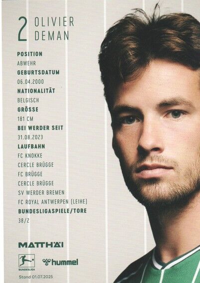 Autogramm Fussball | SV Werder Bremen | 2025 | Olivier DEMAN