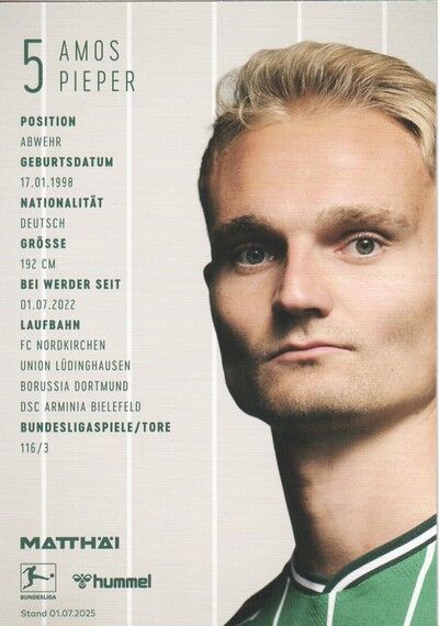 Autogramm Fussball | SV Werder Bremen | 2025 | Amos PIEPER