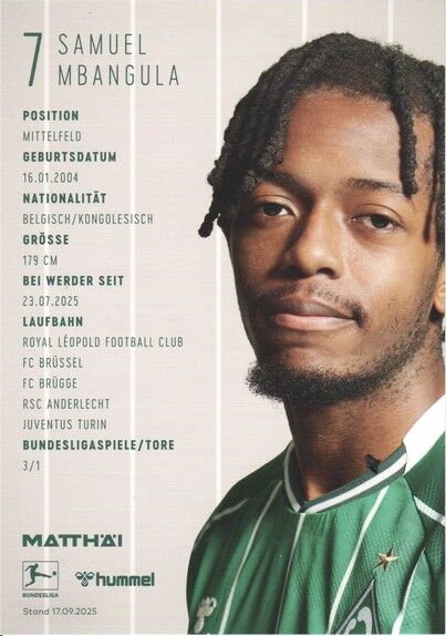 Autogramm Fussball | SV Werder Bremen | 2025 | Samuel MBANGULA