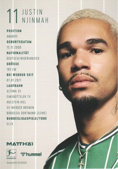 Autogramm Fussball | SV Werder Bremen | 2025 | Justin NJINMAH