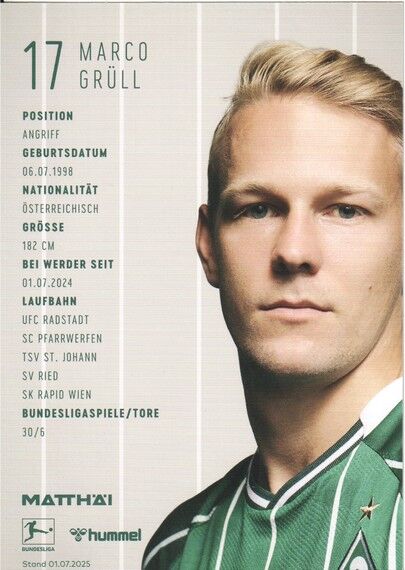 Autogramm Fussball | SV Werder Bremen | 2025 | Marco GRÜLL
