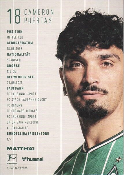 Autogramm Fussball | SV Werder Bremen | 2025 | Cameron PUERTAS