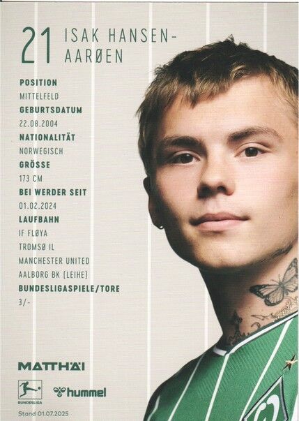 Autogramm Fussball | SV Werder Bremen | 2025 | Isak HANSEN-AAROEN