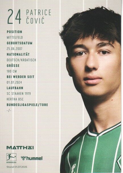 Autogramm Fussball | SV Werder Bremen | 2025 | Patrice COVIC