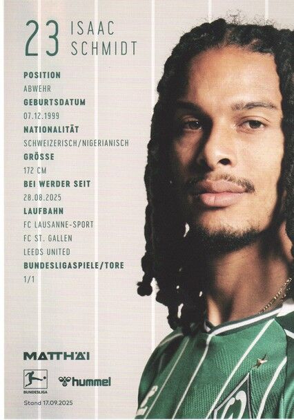 Autogramm Fussball | SV Werder Bremen | 2025 | Isaac SCHMIDT