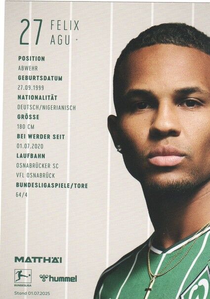 Autogramm Fussball | SV Werder Bremen | 2025 | Felix AGU
