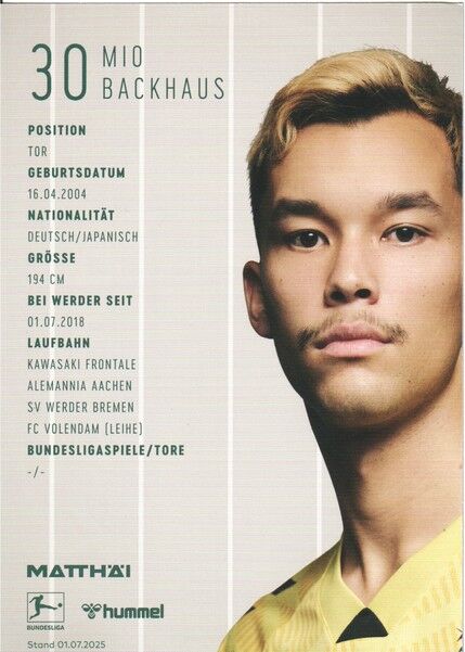 Autogramm Fussball | SV Werder Bremen | 2025 | Mio BACKHAUS