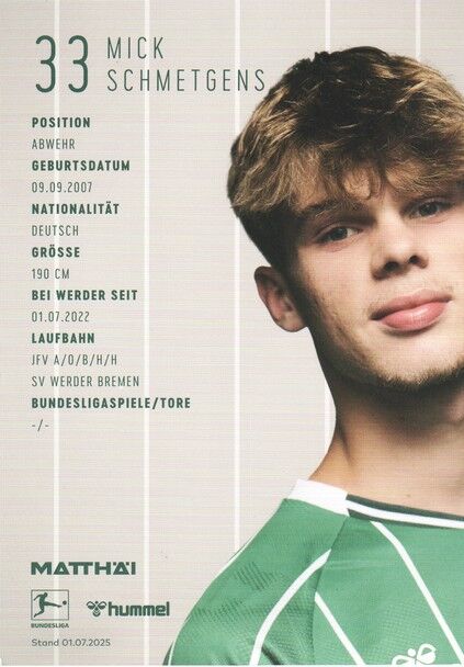 Autogramm Fussball | SV Werder Bremen | 2025 | Mick SCHMETGENS