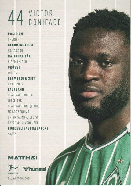 Autogramm Fussball | SV Werder Bremen | 2025 | Victor BONIFACE