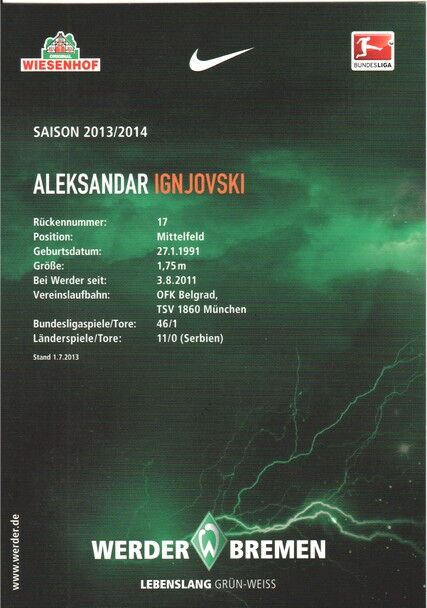 Autogramm Fussball | SV Werder Bremen | 2013 | Aleksandar IGNJOVSKI