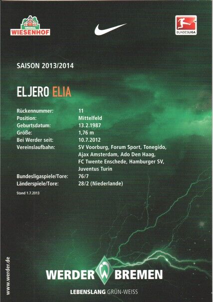 Autogramm Fussball | SV Werder Bremen | 2013 | Eljero ELIA