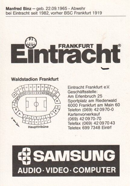 Autogramm Fussball | Eintracht Frankfurt | 1991 | Manfred BINZ (2)