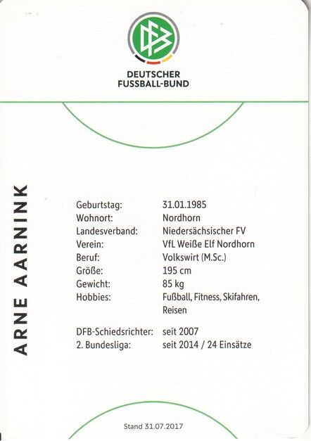Autogramm Fussball | Schiedsrichter | 2017 Dekra | Arne AARNINK