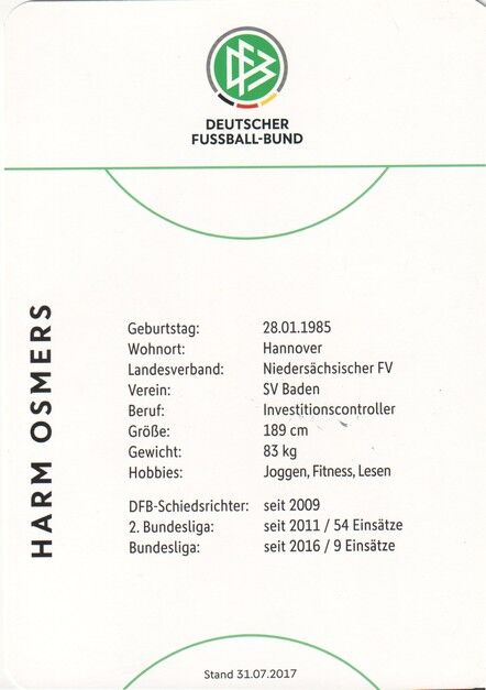 Autogramm Fussball | Schiedsrichter | 2017 Dekra | Harm OSMERS