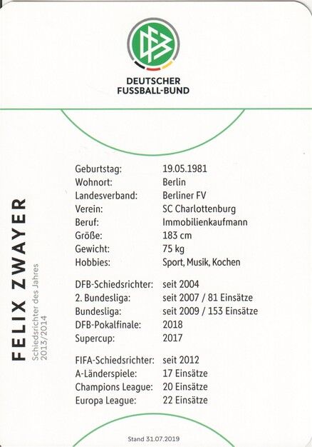 Autogramm Fussball | Schiedsrichter | 2019 Dekra | Felix ZWAYER
