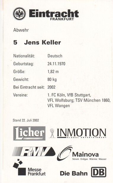 Autogramm Fussball | Eintracht Frankfurt | 2002 | Jens KELLER