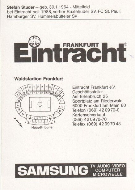 Autogramm Fussball | Eintracht Frankfurt | 1992 | Stefan STUDER