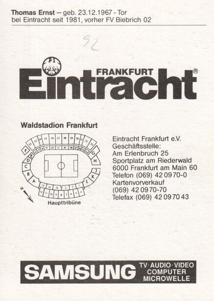 Autogramm Fussball | Eintracht Frankfurt | 1992 | Thomas ERNST