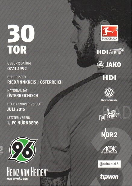 Autogramm Fussball | Hannover 96 | 2015 | Samuel RADLINGER