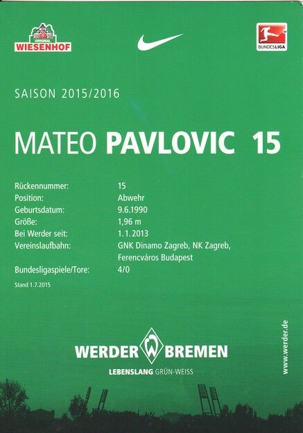 Autogramm Fussball | SV Werder Bremen | 2015 | Mateo PAVLOVIC