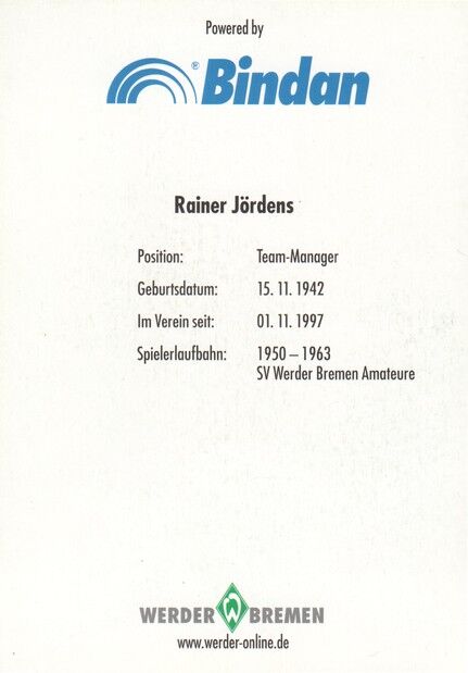 Autogramm Fussball | SV Werder Bremen | 2001 | Rainer JÖRDENS