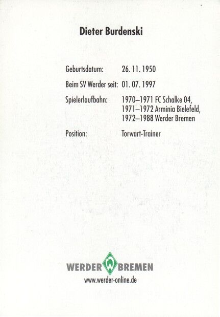 Autogramm Fussball | SV Werder Bremen | 2001 | Dieter BURDENSKI