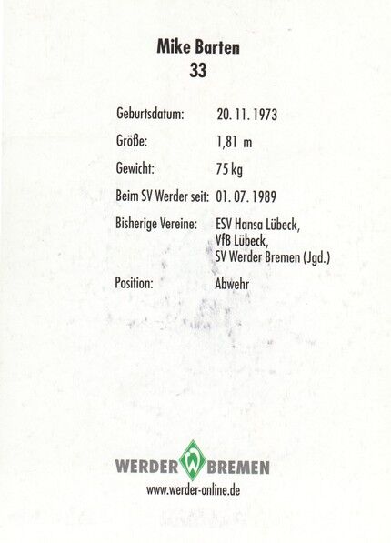Autogramm Fussball | SV Werder Bremen | 2001 | Mike BARTEN
