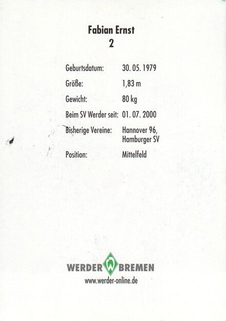 Autogramm Fussball | SV Werder Bremen | 2001 | Fabian ERNST