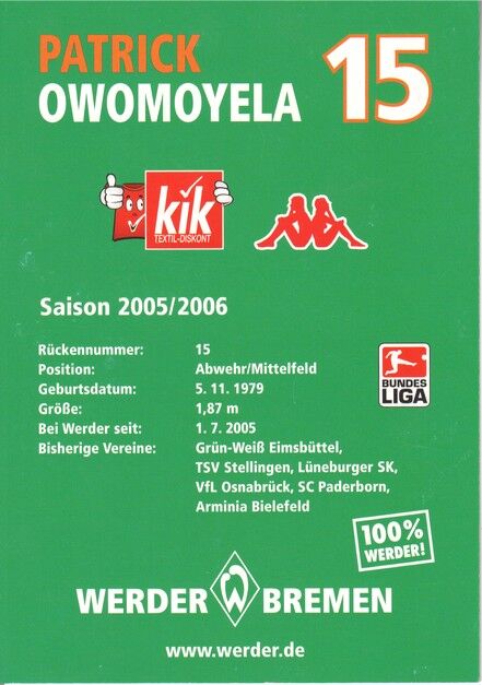 Autogramm Fussball | SV Werder Bremen | 2005 | Patrick OWOMOYELA