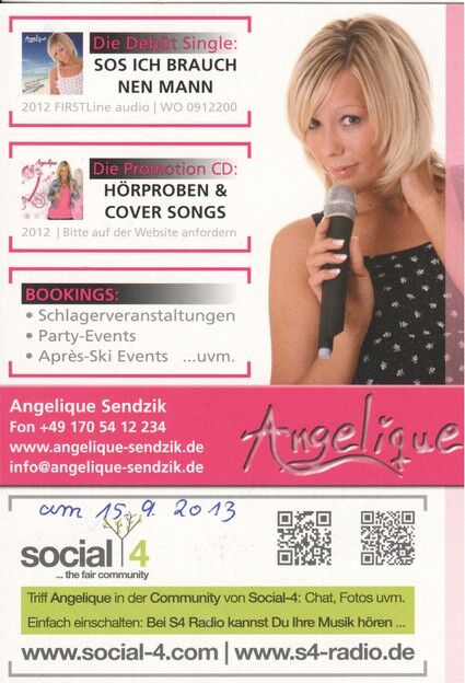 Autogramm Schlager | ANGELIQUE Sendzik | 2012 "SOS" (Portrait Color social4)