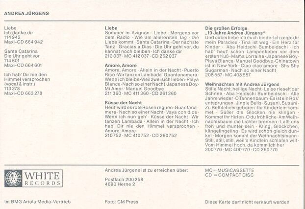 Autogramm Schlager | Andrea JÜRGENS | 1991 "Liebe" (Portrait Color White) 2