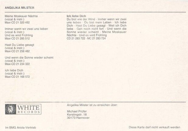 Autogramm Schlager | Angelika MILSTER | 1994 "Ich Liebe Dich" (Portrait Color White)