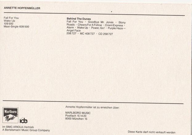 Autogramm Pop | Annette HOPFENMÜLLER | 1987 "Behind The Dunes" (Portrait SW BMG)