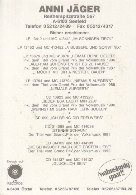 Autogramm Volksmusik | Anni JÄGER | 1993 "Glücklich Sein" (Portrait Color VM)