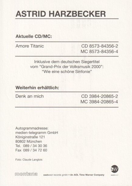 Autogramm Volksmusik | Astrid HARZBECKER | 2000 "Amore Titanic" (Portrait Color EastWest)