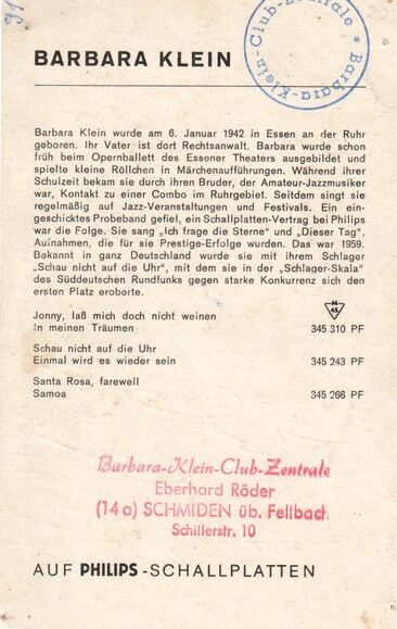 Autogramm Schlager | Barbara KLEIN | 1961 "Santa Rosa" (Portrait SW Philips) _