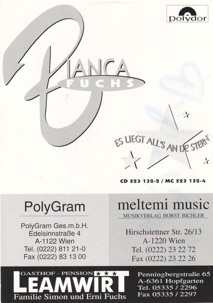 Autogramm Schlager | Lara Bianca FUCHS | 1994 "Es Liegt All´s An De Stern" (Portrait Color Polydor)