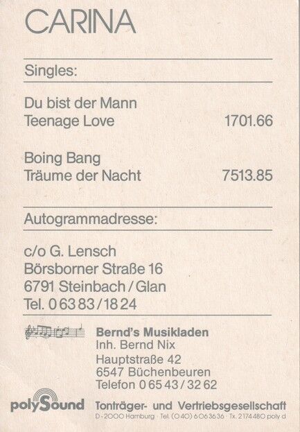 Autogramm Schlager | CARINA Lensch | 1998 "Boing Bang" (Portrait Color Polysound)
