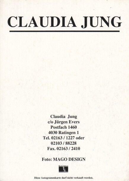Autogramm Schlager | Claudia JUNG | 1990er (Portrait Color MAGO)