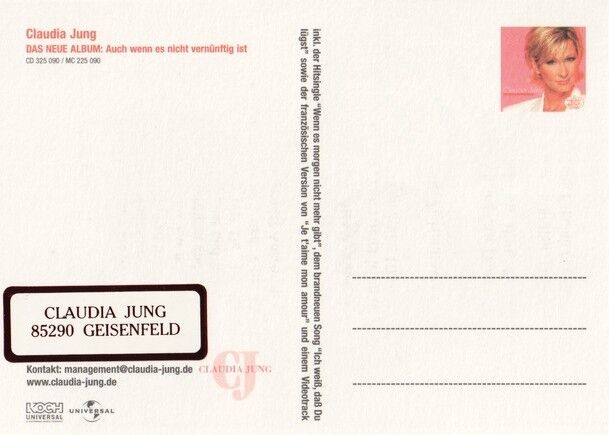 Autogramm Schlager | Claudia JUNG | 2001 "Nicht Vernünftig" (Portrait Color Koch)