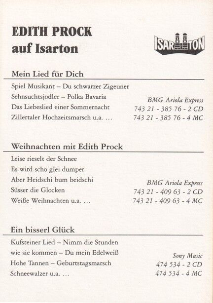 Autogramm Volksmusik | Edith PROCK | 1995 "Ein Bisserl Glück" (Portrait Color Isarton)