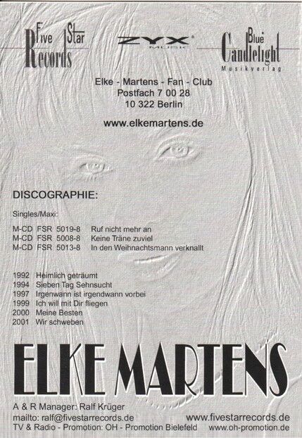 Autogramm Schlager | Elke MARTENS | 2001 "Wir Schweben" (Portrait Color Five Star)
