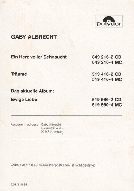 Autogramm Volksmusik | Gaby ALBRECHT | 1991 "Herz Voller Sehnsucht" (Portrait Color Polydor)