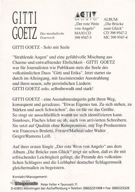Autogramm Volksmusik | Gitti GOETZ | 1993 "Die Brücke Zum Glück" (Portrait Color Activ) 2