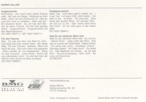 Autogramm Schlager | Hanne HALLER | 1999 "Ungeschminkt" (Portrait Color BMG)