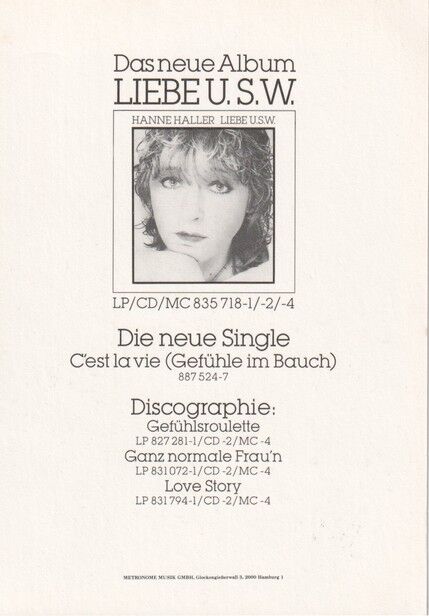 Autogramm Schlager | Hanne HALLER | 1988 "C´est La Vie" (Portrait Color Metronome)