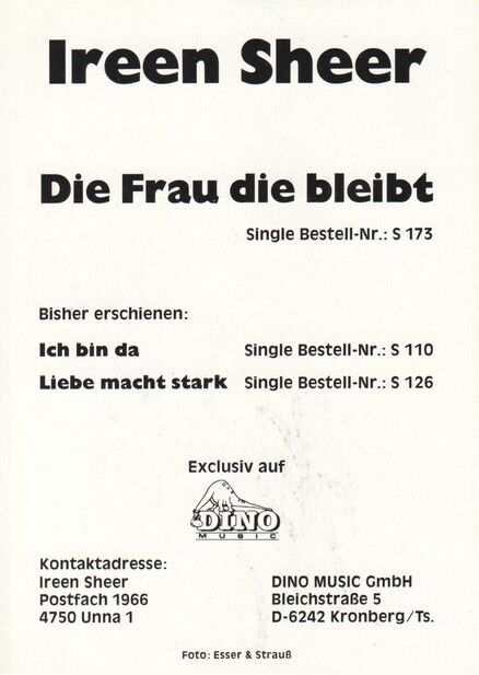Autogramm Schlager | Ireen SHEER | 1990 "Die Frau Die Bleibt" (Portrait Color Dino)