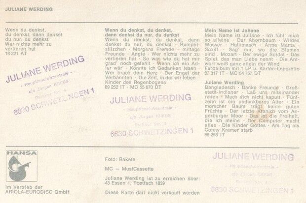 Autogramm Pop | Juliane WERDING | 1975 "Wenn Du Denkst" (Portrait Color Hansa)